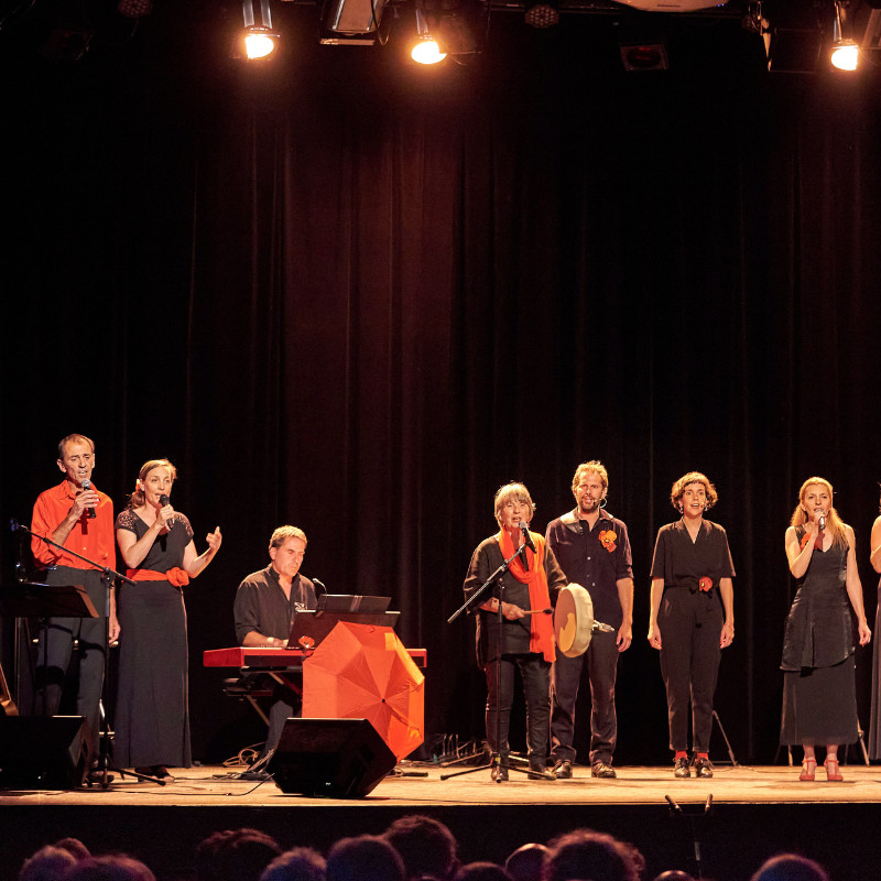 Toute l'équipe artistique réunie sur le plateau pour chanter "Pleure ma terre" lors du spectacle "Chansons & Coquelicots", hommage à Anne Sylvestre.