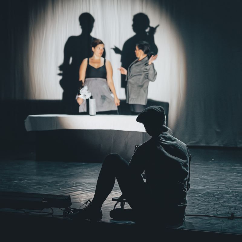 Deux interprètes en costumes face à une table, leurs ombres projetées en grand dans Splendeur & Décadence