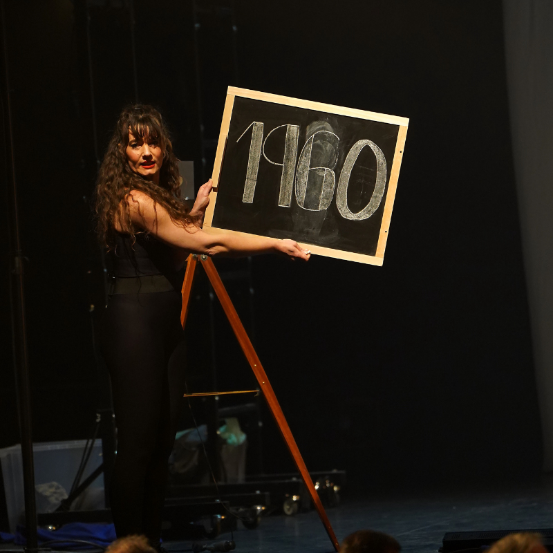 Interprète tenant un tableau noir avec l’inscription « 1960 » dans le spectacle Splendeur & Décadence