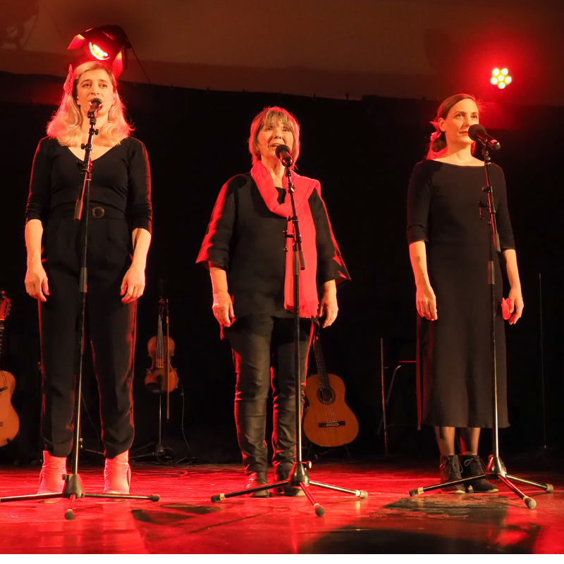 Tamara Dannreuther, Martine Scozzesi et Stéphanie Joire interprètent la chanson "Une sorcière comme les autres" lors du spectacle "Chansons & Coquelicots", hommage à Anne Sylvestre.