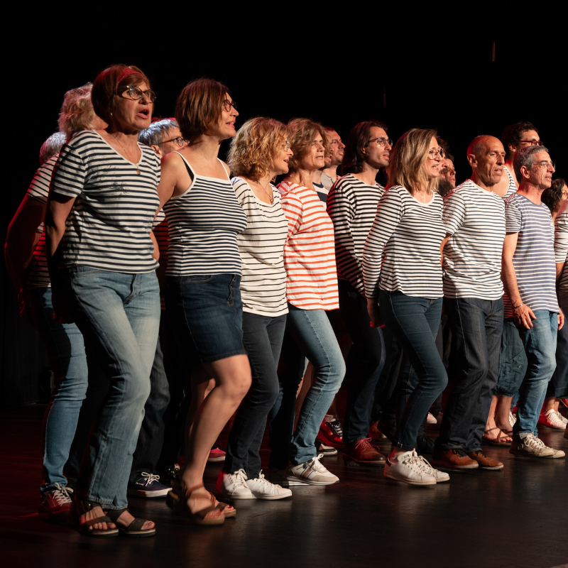 Choristes de la Chorale Pirate alignés sur scène en pleine interprétation collective